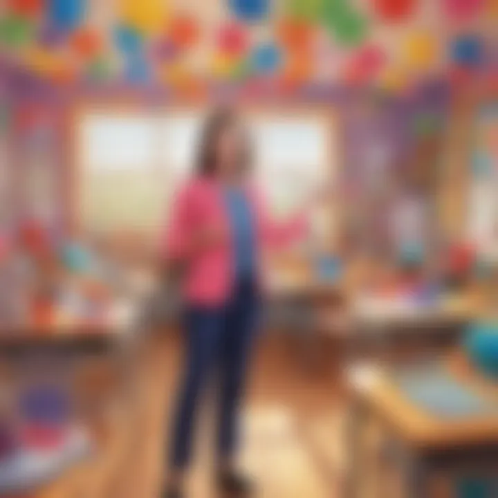 A teacher surrounded by colorful classroom decorations expressing appreciation