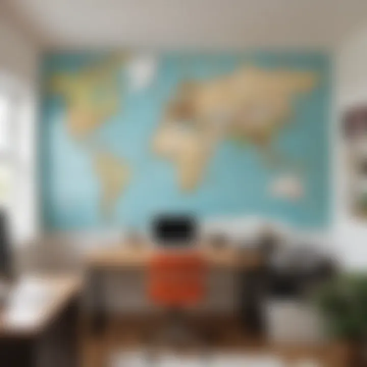 Creative use of a world map cut out in a home office space