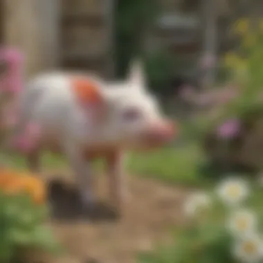 Curious Piglet Sniffing Flowers in Farmyard