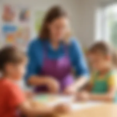 Daycare worker assisting children with art projects