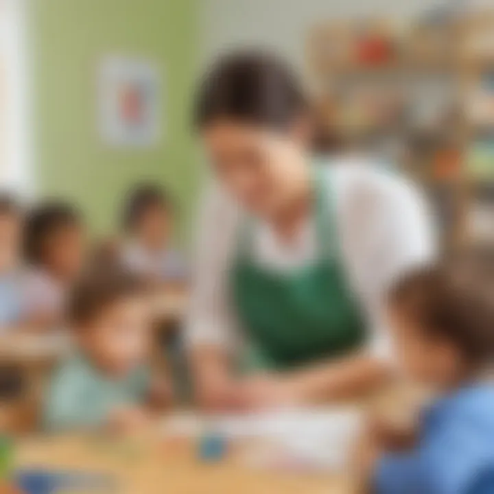 Daycare worker engaging children in creative arts and crafts activity