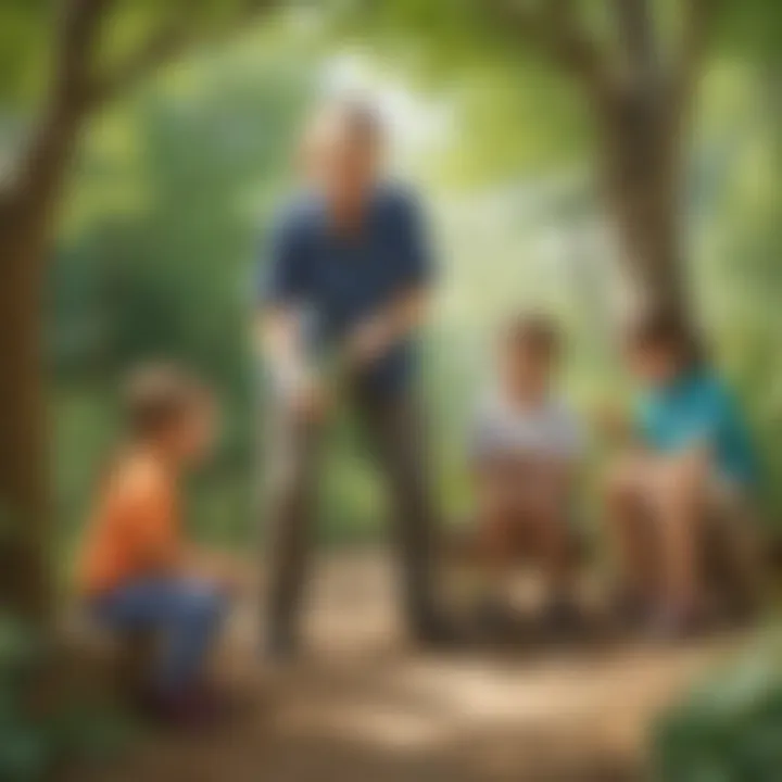 Daycare worker assisting children in outdoor play and exploration