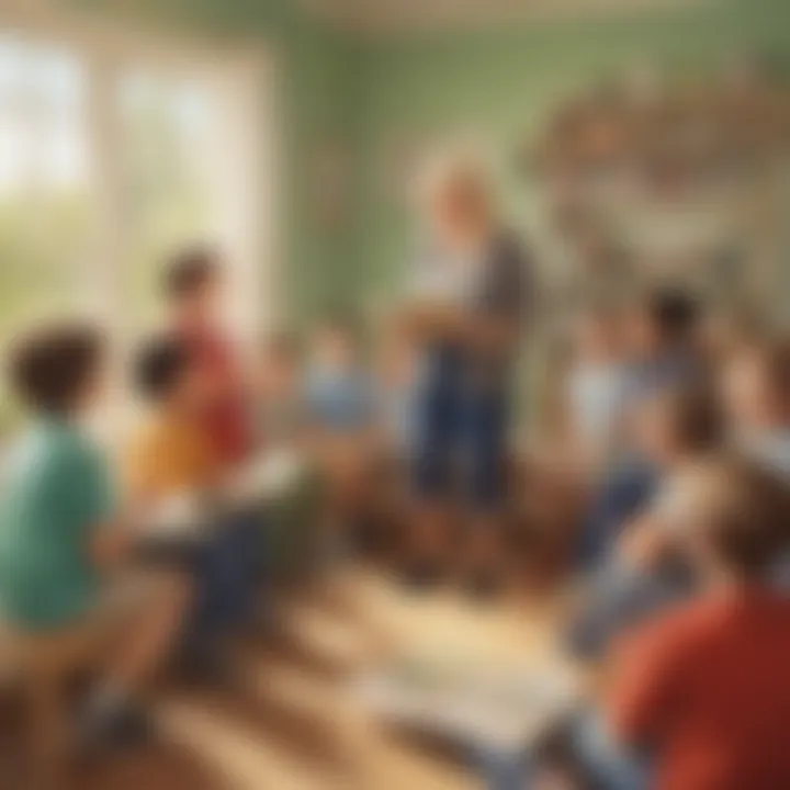 Daycare worker reading a story to a group of attentive children