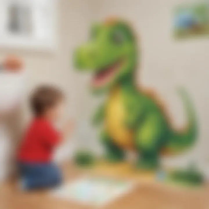 Child interacting with a dinosaur potty training chart