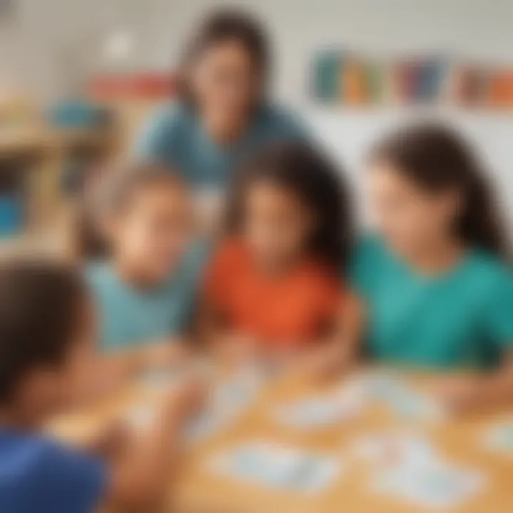 Illustration of a diverse group of children using sight word flashcards