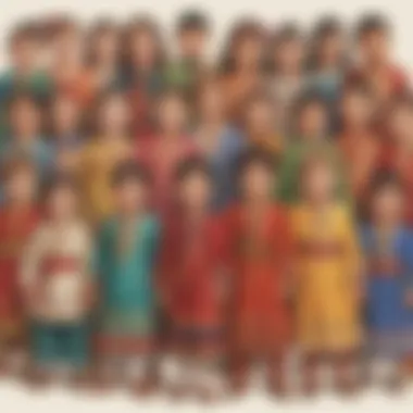 Diverse group of preschool children in traditional cultural outfits