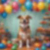 Dog-Man themed birthday party decorations with colorful balloons and banners