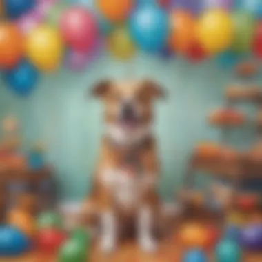 Dog-Man themed birthday party decorations with colorful balloons and banners