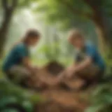 Children planting trees in a lush forest