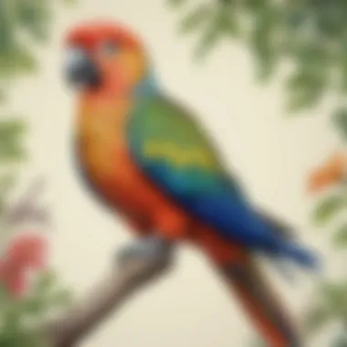 Illustration of a colorful parrot perched on a branch