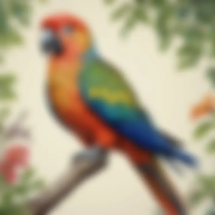 Illustration of a colorful parrot perched on a branch