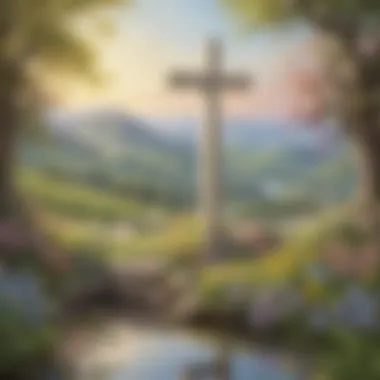 Serene Outdoor Reflection for Easter A serene outdoor scene with blooming flowers and a cross for reflection