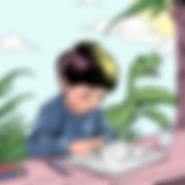 Focused Coloring Activity Child concentrating on coloring a dinosaur sheet