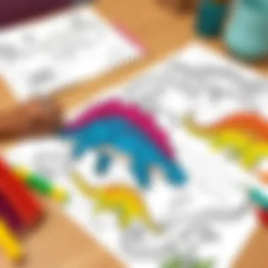 Dinosaur Coloring Sheets for Creativity Colorful dinosaur coloring sheets spread out on a table