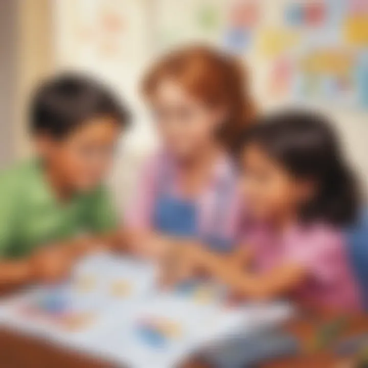 A colorful illustration depicting children engaging with budget worksheets, highlighting the educational aspect of financial management.