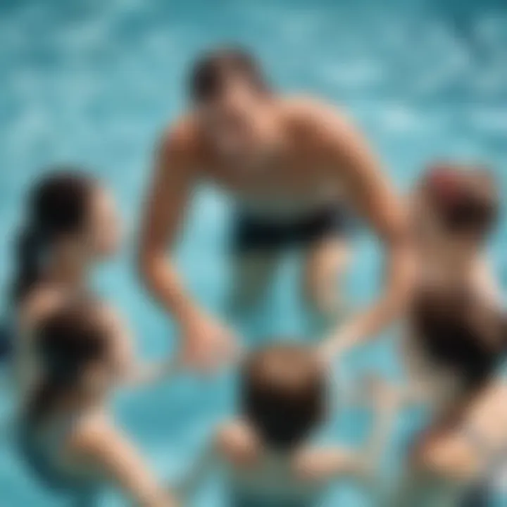 Instructor guiding students on proper stroke technique in swimming lesson