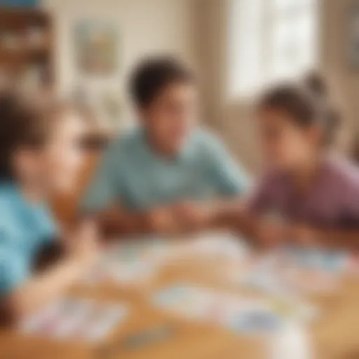 Illustration of children engaging in verb tenses exercise with colorful language cards