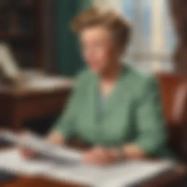 Eleanor Roosevelt reviewing documents with a focused expression