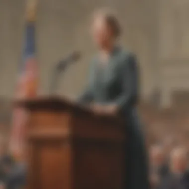 Eleanor Roosevelt standing tall at a podium delivering a powerful speech