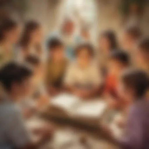 Illustration of a group of children listening attentively to an Easter story