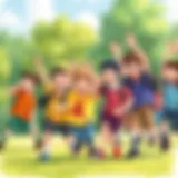 Children Energized in Outdoor PE Activities A vibrant scene of children engaging in a fun outdoor physical education game, showcasing teamwork and energy.