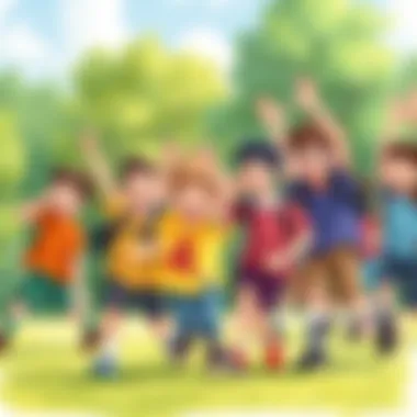 Children Energized in Outdoor PE Activities A vibrant scene of children engaging in a fun outdoor physical education game, showcasing teamwork and energy.