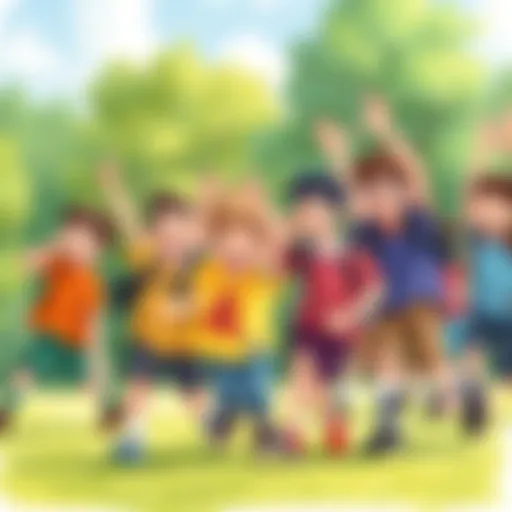 Children Energized in Outdoor PE Activities A vibrant scene of children engaging in a fun outdoor physical education game, showcasing teamwork and energy.