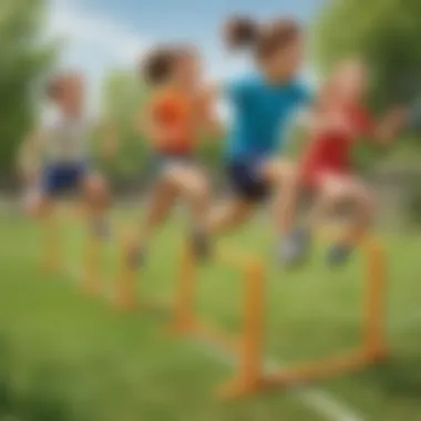 Kids jumping over hurdles during outdoor fitness game