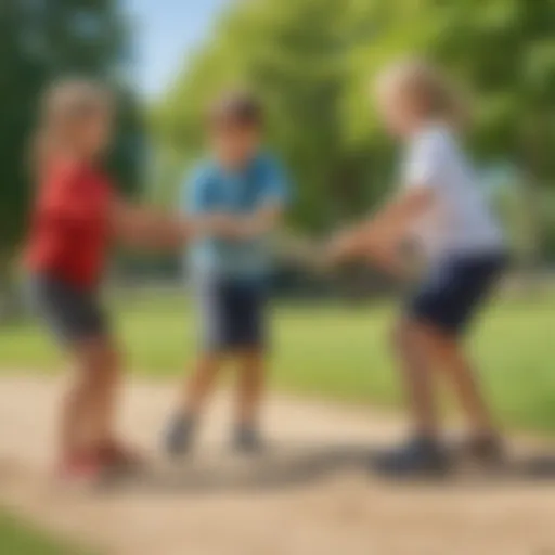 Children playing tug of war in a park