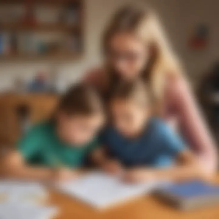 Illustration of a parent and child working on English homework together