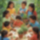 Illustration of diverse group of children engaged with plant flashcards