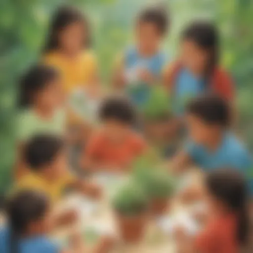 Illustration of diverse group of children engaged with plant flashcards