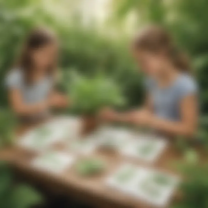 Imaginative illustration of children immersed in nature through plant flashcards
