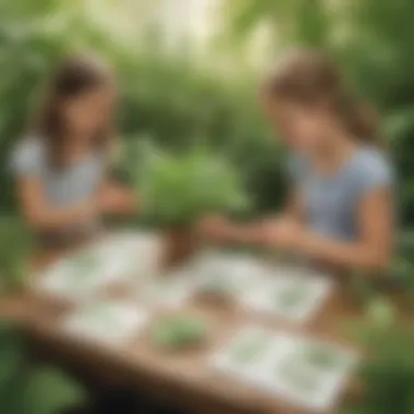 Nature Immersion via Plant Flashcards Imaginative illustration of children immersed in nature through plant flashcards