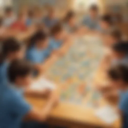 Illustration depicting students engaged in a multiplication game