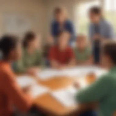 A teacher guiding students in a group discussion, emphasizing open-ended questions.