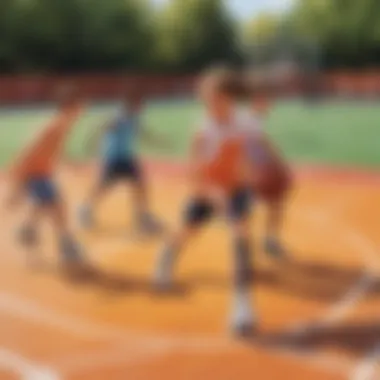 Young students practicing dribbling skills on basketball court