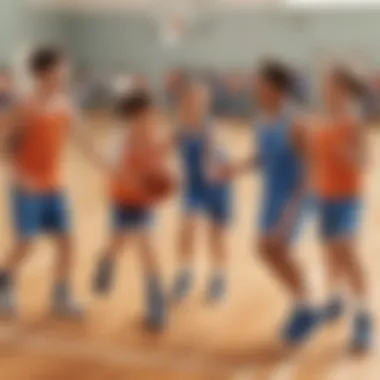 Elementary school kids playing a friendly basketball game during PE class