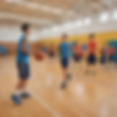 Passing Drills Practice Students engaged in passing drills with basketballs in school gym