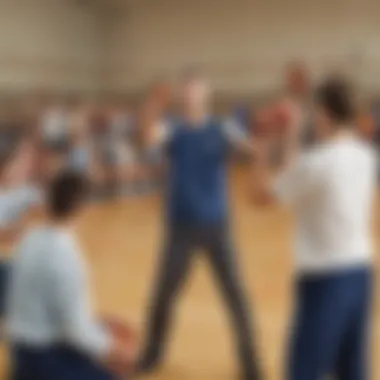 Teacher demonstrating shooting technique to elementary students in gymnasium