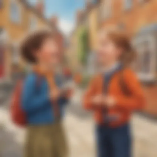 Illustration of two children engaged in a lively English conversation
