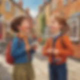 Vibrant English Dialogue Illustration of two children engaged in a lively English conversation