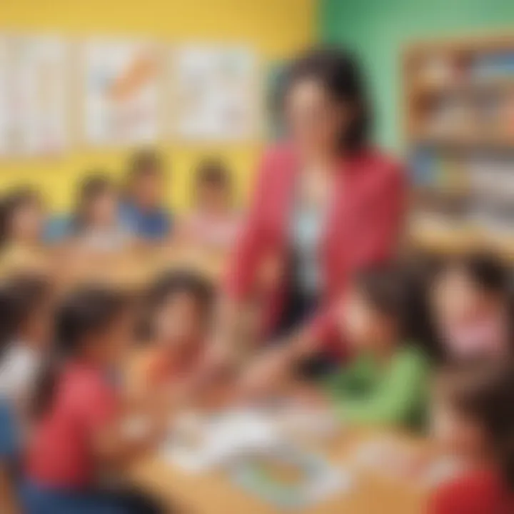 Illustration of a teacher implementing creative ESL strategies in kindergarten classroom