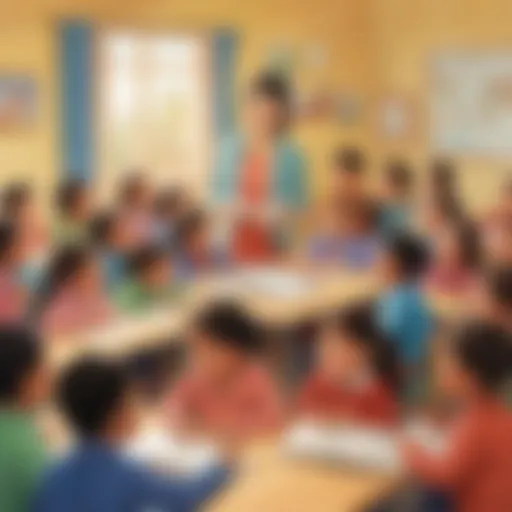 Illustration of diverse kindergarten students engaged in ESL lesson