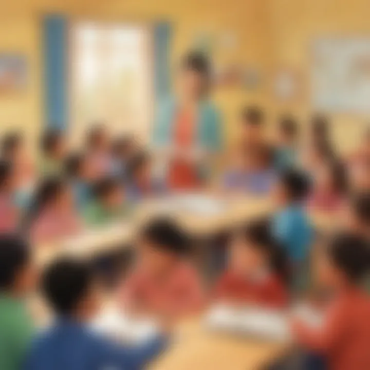 Illustration of diverse kindergarten students engaged in ESL lesson