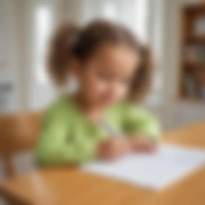 Young child practicing writing skills with a sentence worksheet