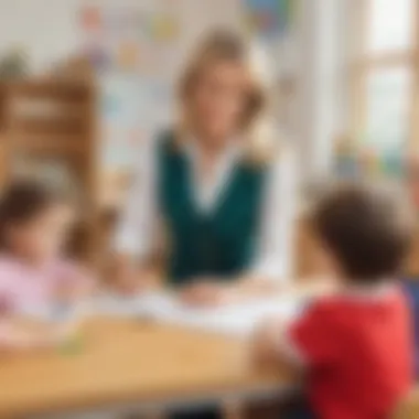 Illustration of a teacher guiding kindergarten students in writing exercises