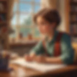 Illustration of a child engrossed in writing a creative story