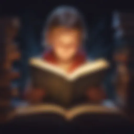 Illustration depicting a child immersed in a book with a glowing light symbolizing understanding