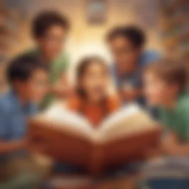 Dynamic Book Discourse Illustration showcasing a diverse group of children engaged in a lively book discussion
